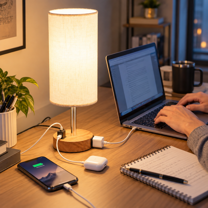 Fenmzee Dimmable Touch Bedside Table Lamp with USB-A, USB-C & AC Outlet